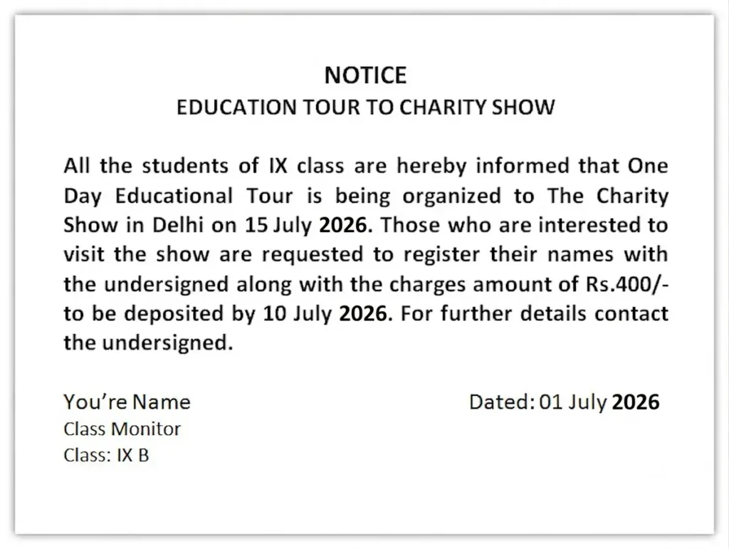 educational tour to charity show class 9th notice writing cbse board