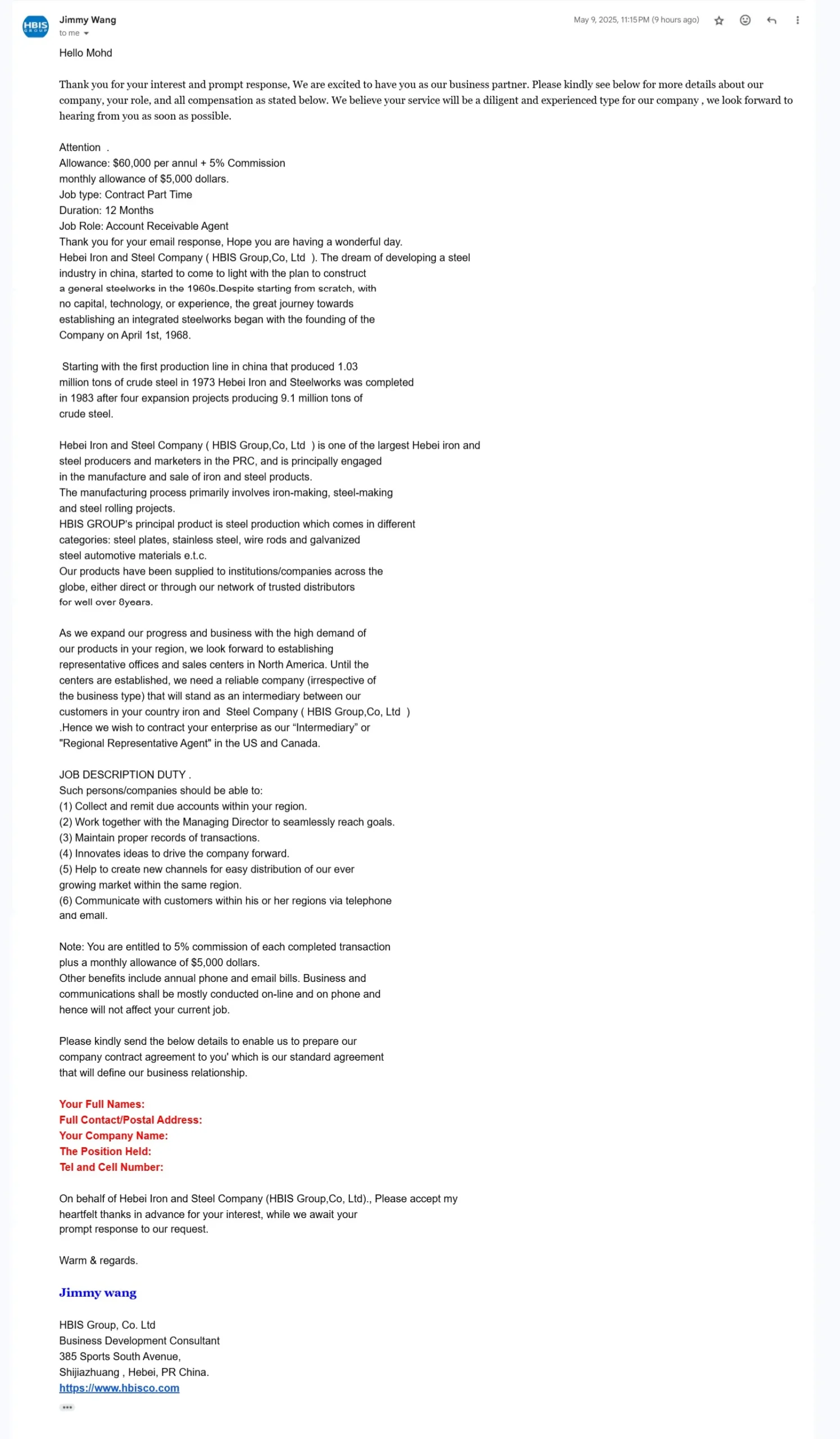 scammer responded to my email response about contract work inquiry